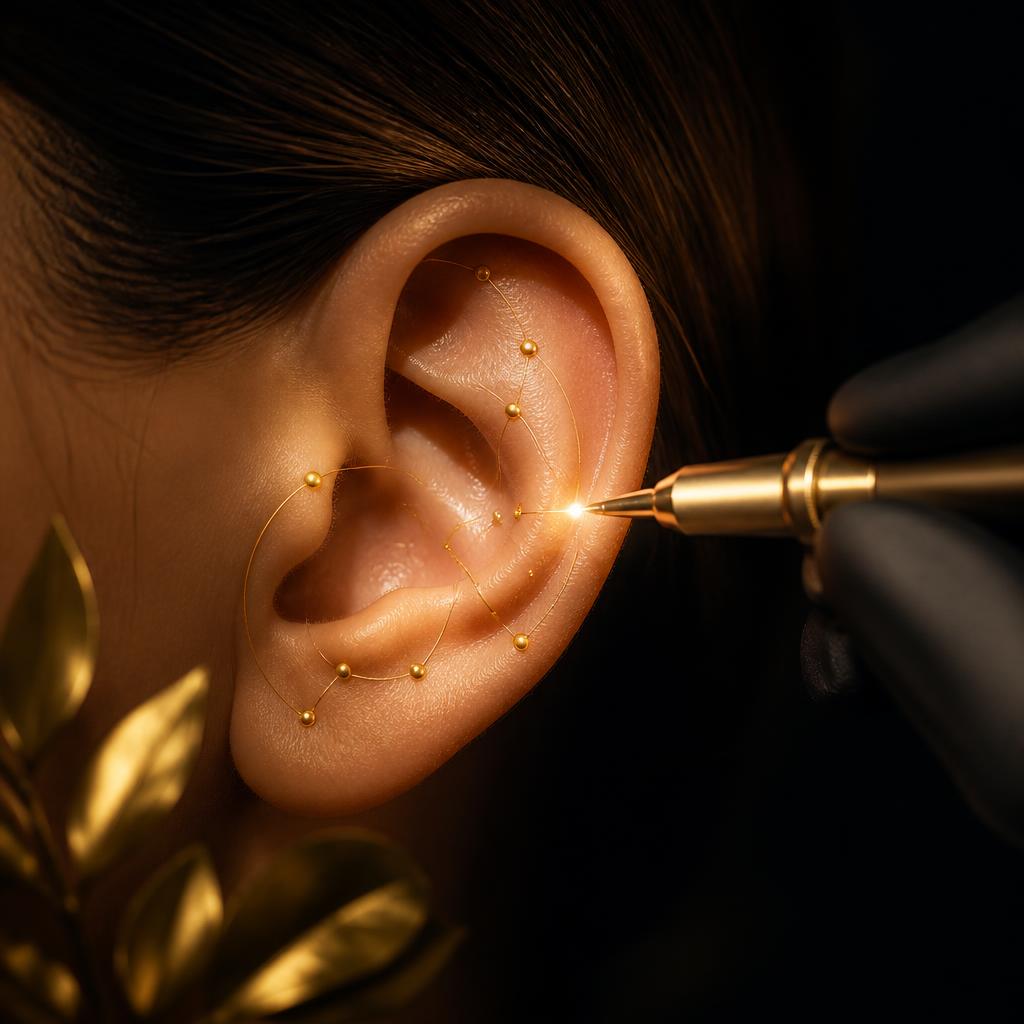 Détail d'un soin de réflexologie auriculaire laser